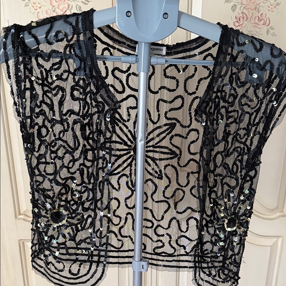Sharagano Black Sheer sequins Beaded bolero M